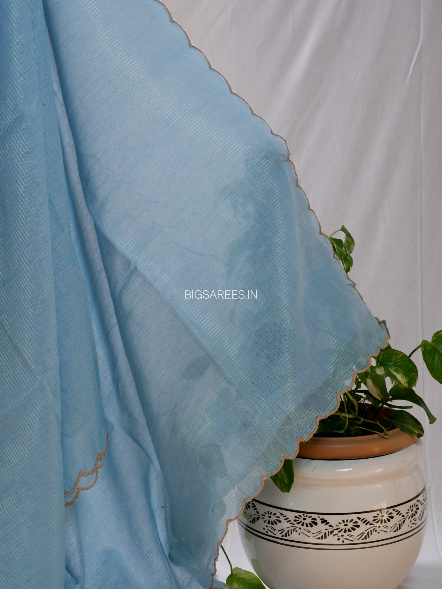 Mul Cotton Saree | Gold Stripes | Sky Blue