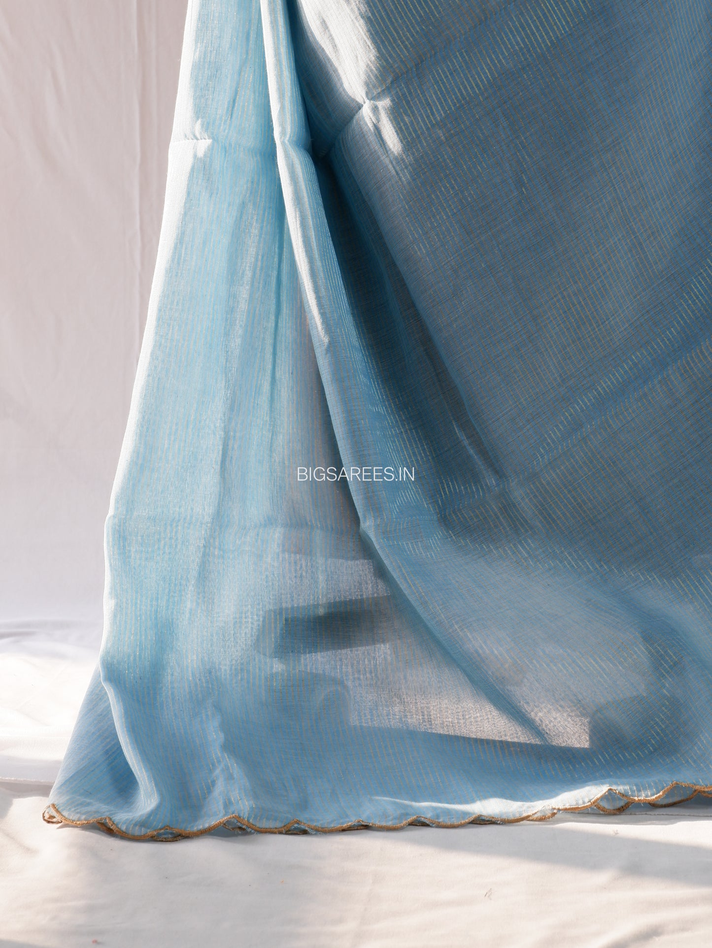 Mul Cotton Saree | Gold Stripes | Sky Blue
