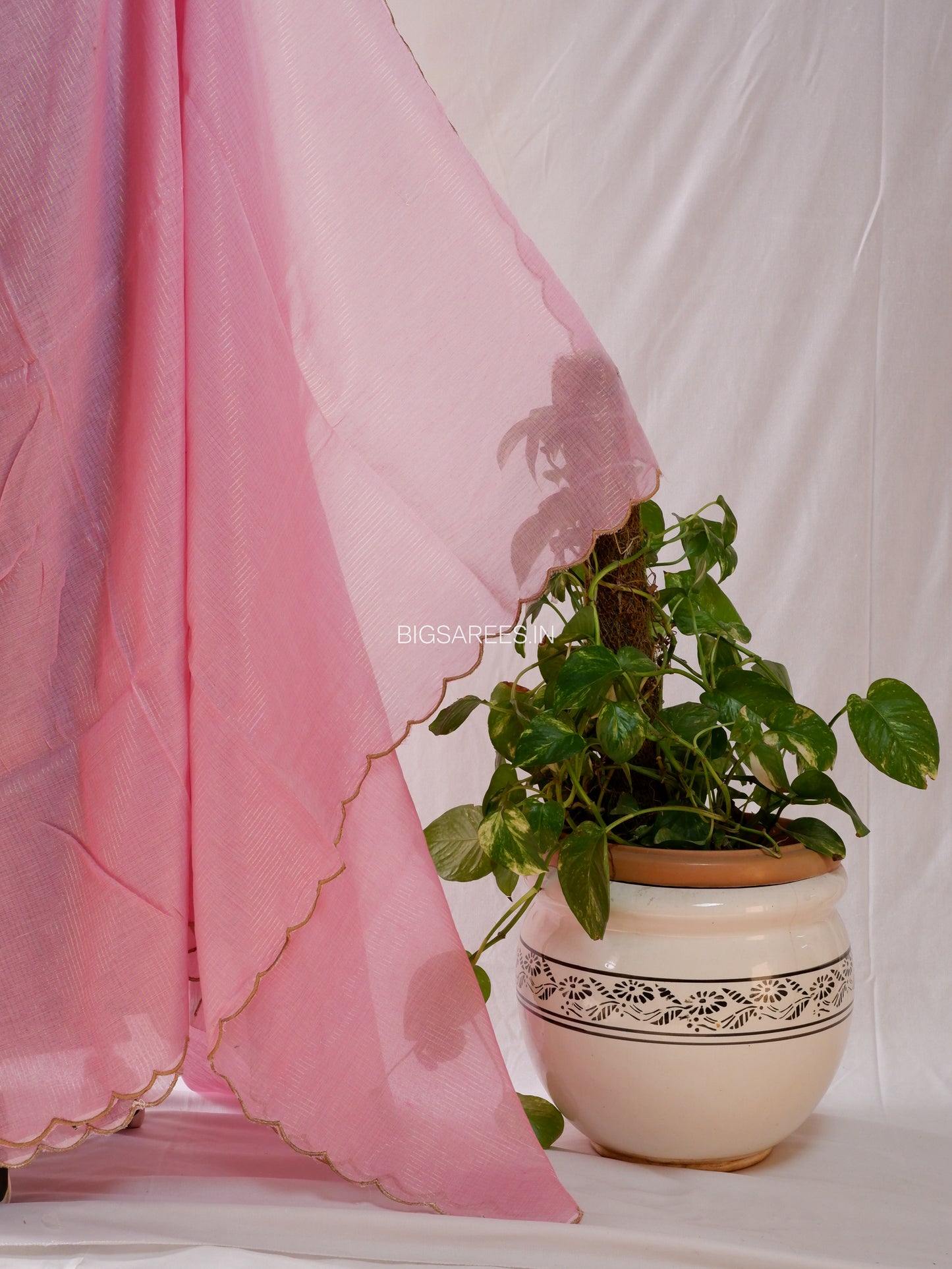 Mul Cotton Saree | Gold Stripes | Pink