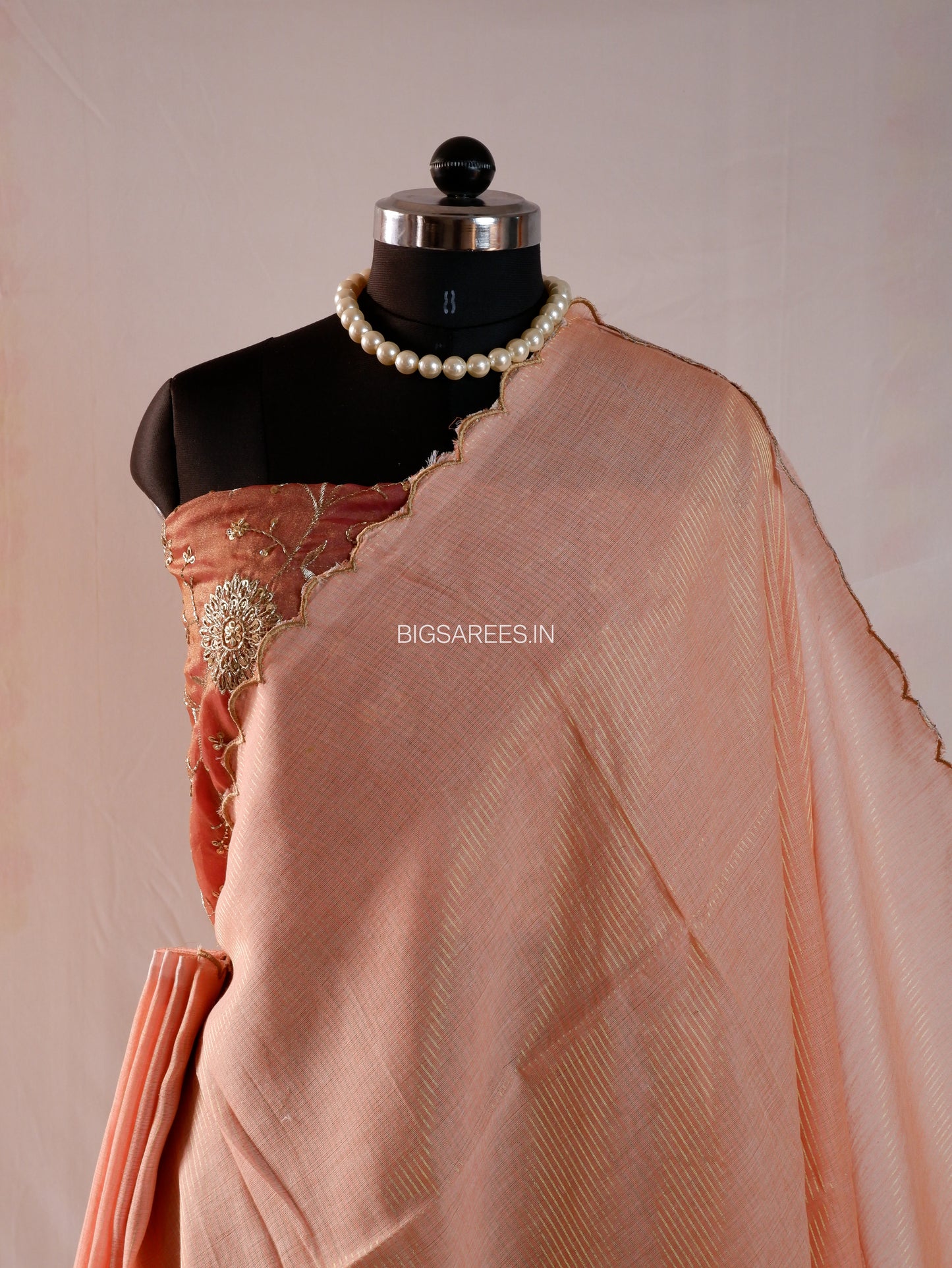 Mul Cotton Saree | Gold Stripes | Peach