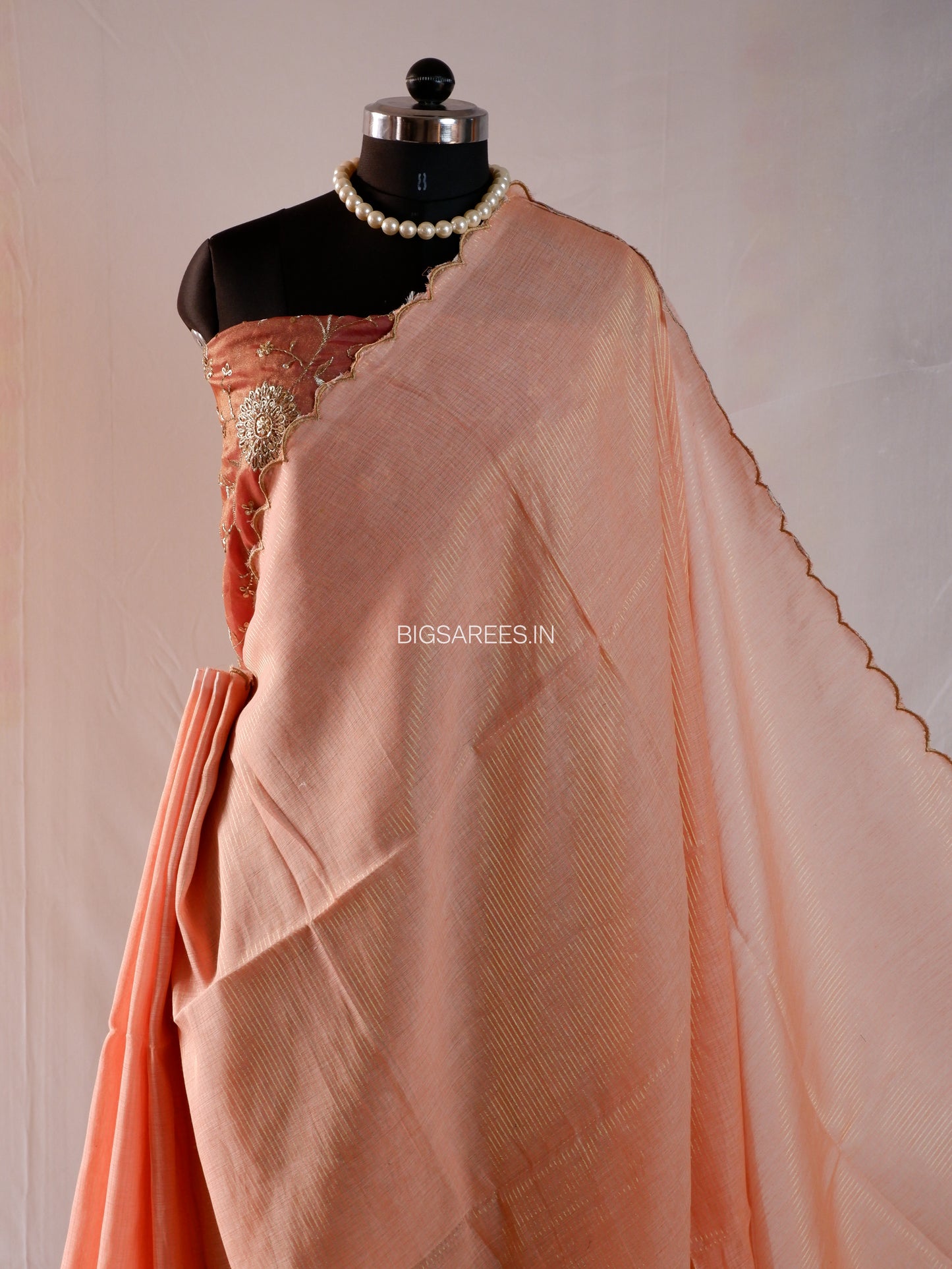 Mul Cotton Saree | Gold Stripes | Peach
