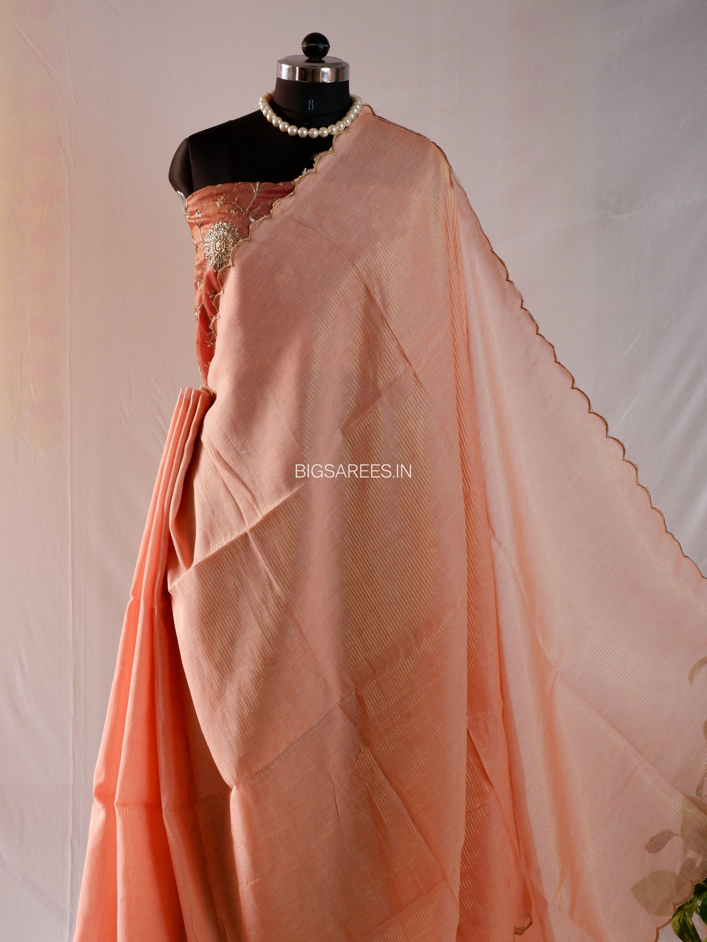 Mul Cotton Saree | Gold Stripes | Peach