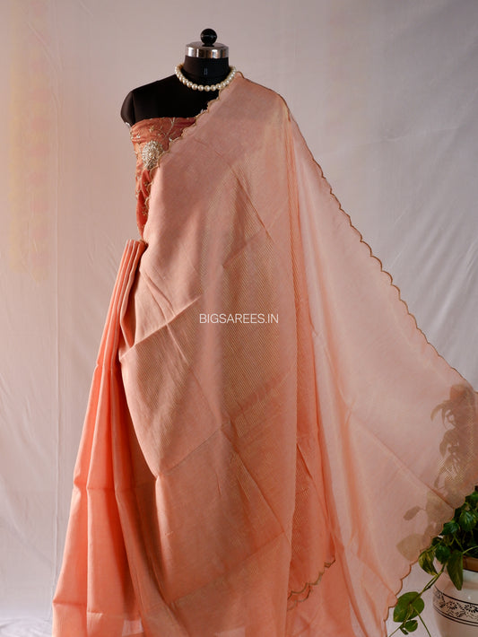 Mul Cotton Saree | Gold Stripes | Peach