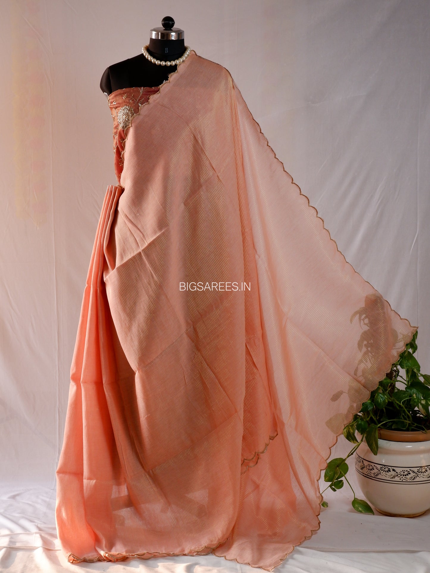 Mul Cotton Saree | Gold Stripes | Peach