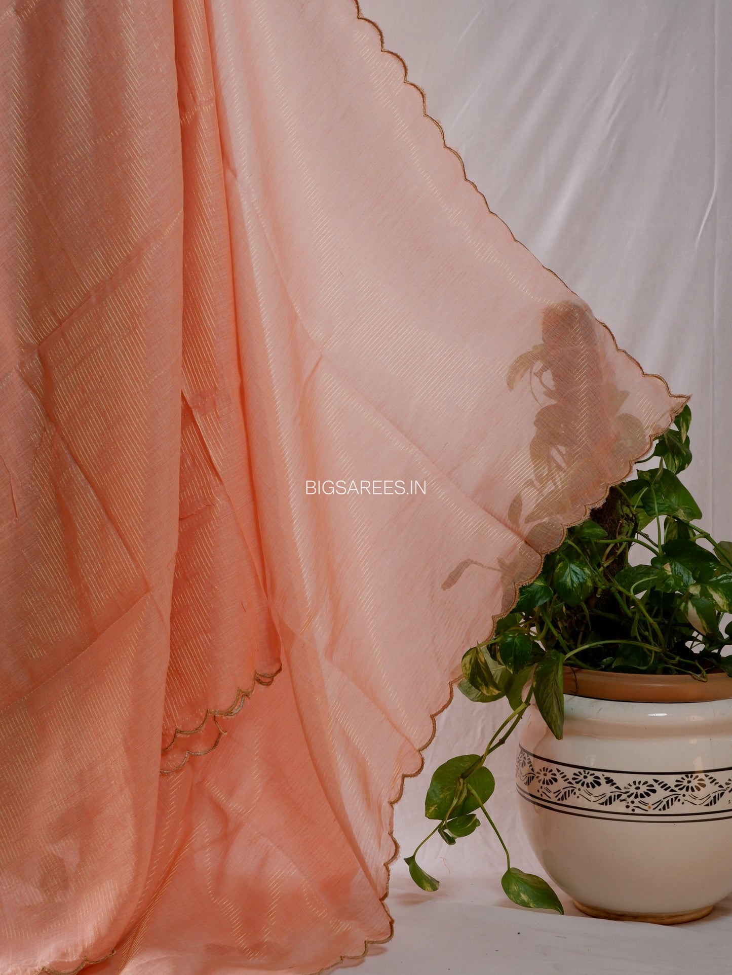 Mul Cotton Saree | Gold Stripes | Peach