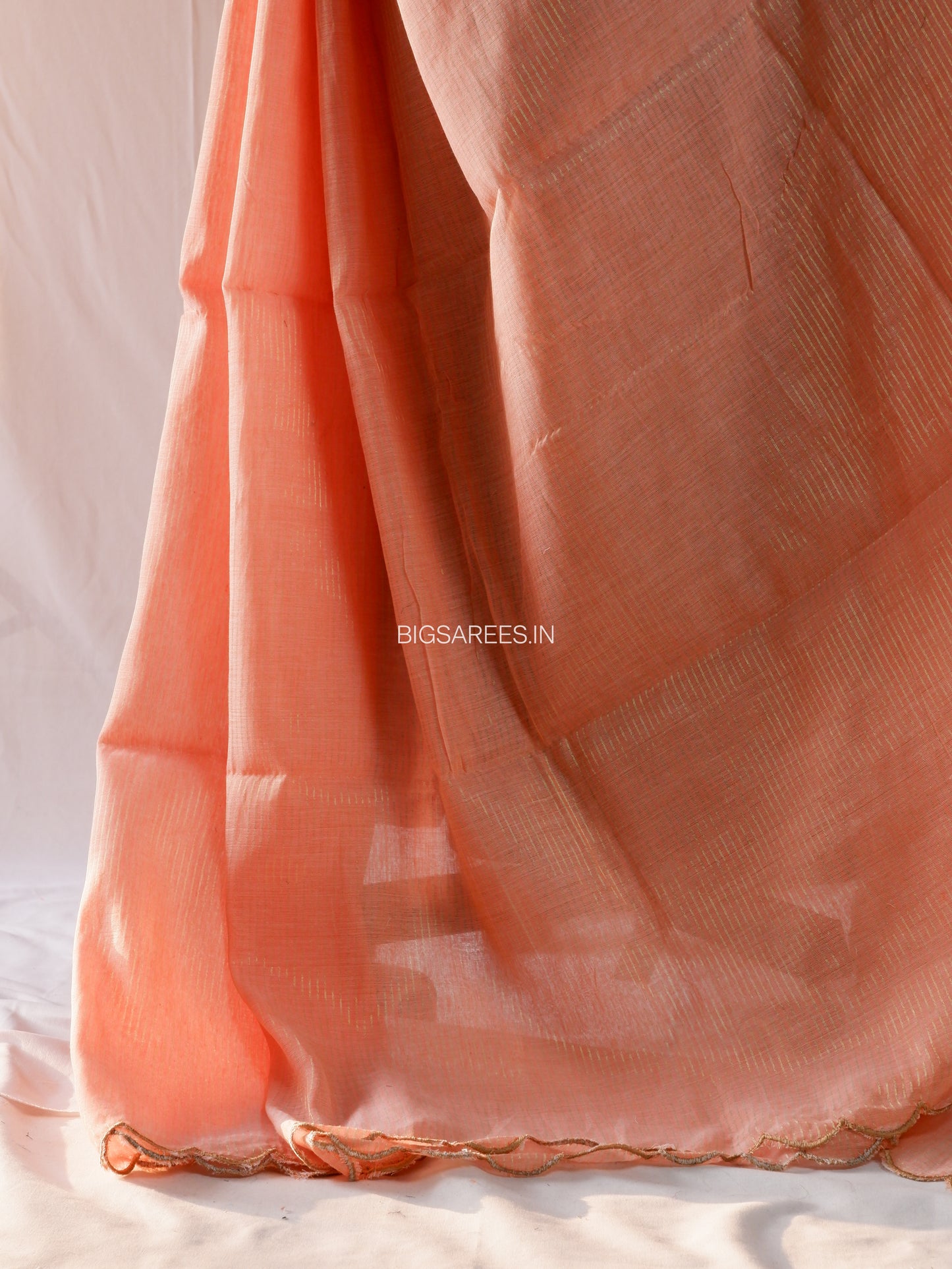 Mul Cotton Saree | Gold Stripes | Peach