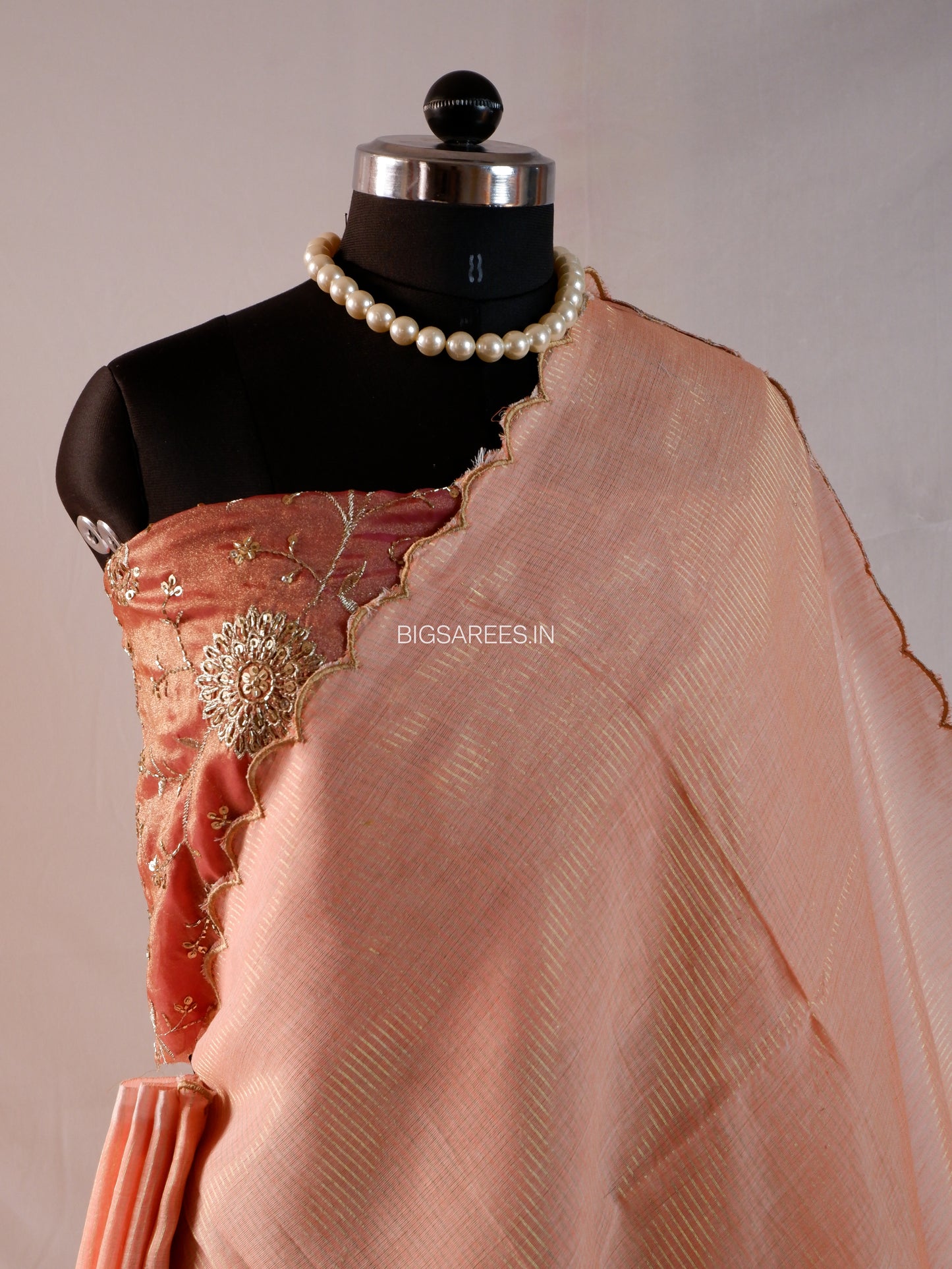 Mul Cotton Saree | Gold Stripes | Peach