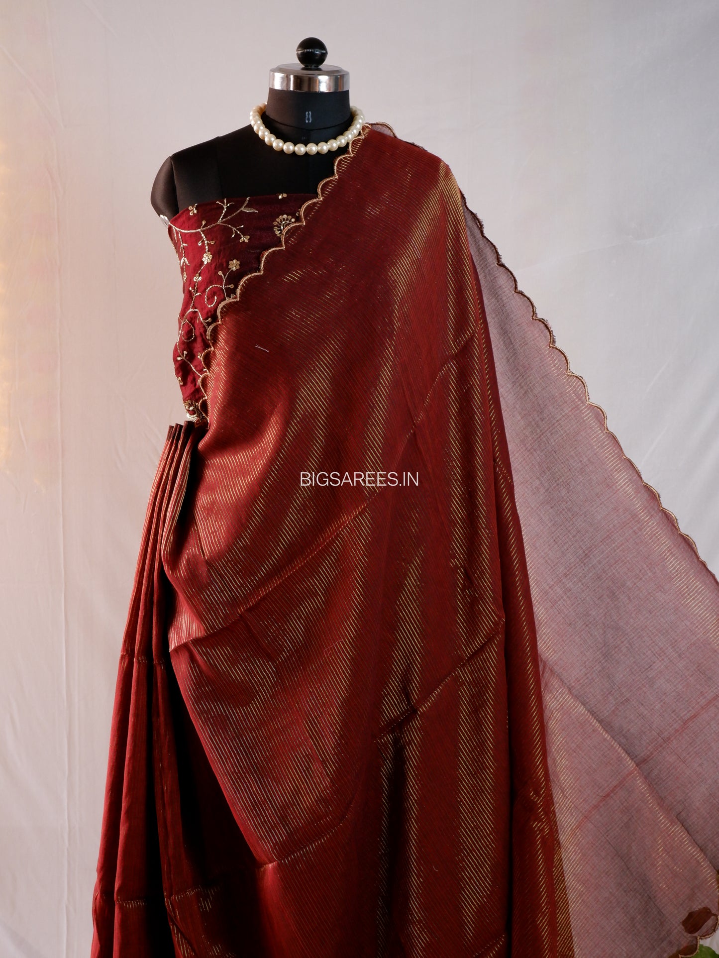 Mul Cotton Saree | Gold Stripes | Maroon