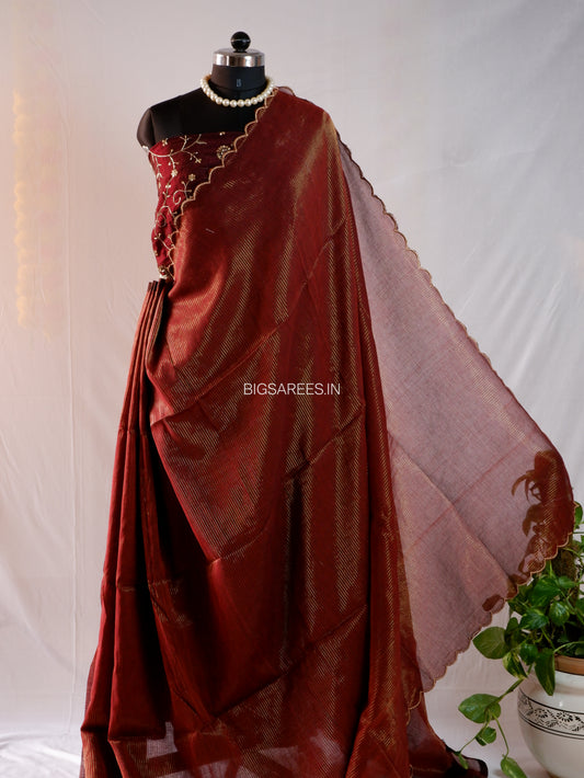 Mul Cotton Saree | Gold Stripes | Maroon