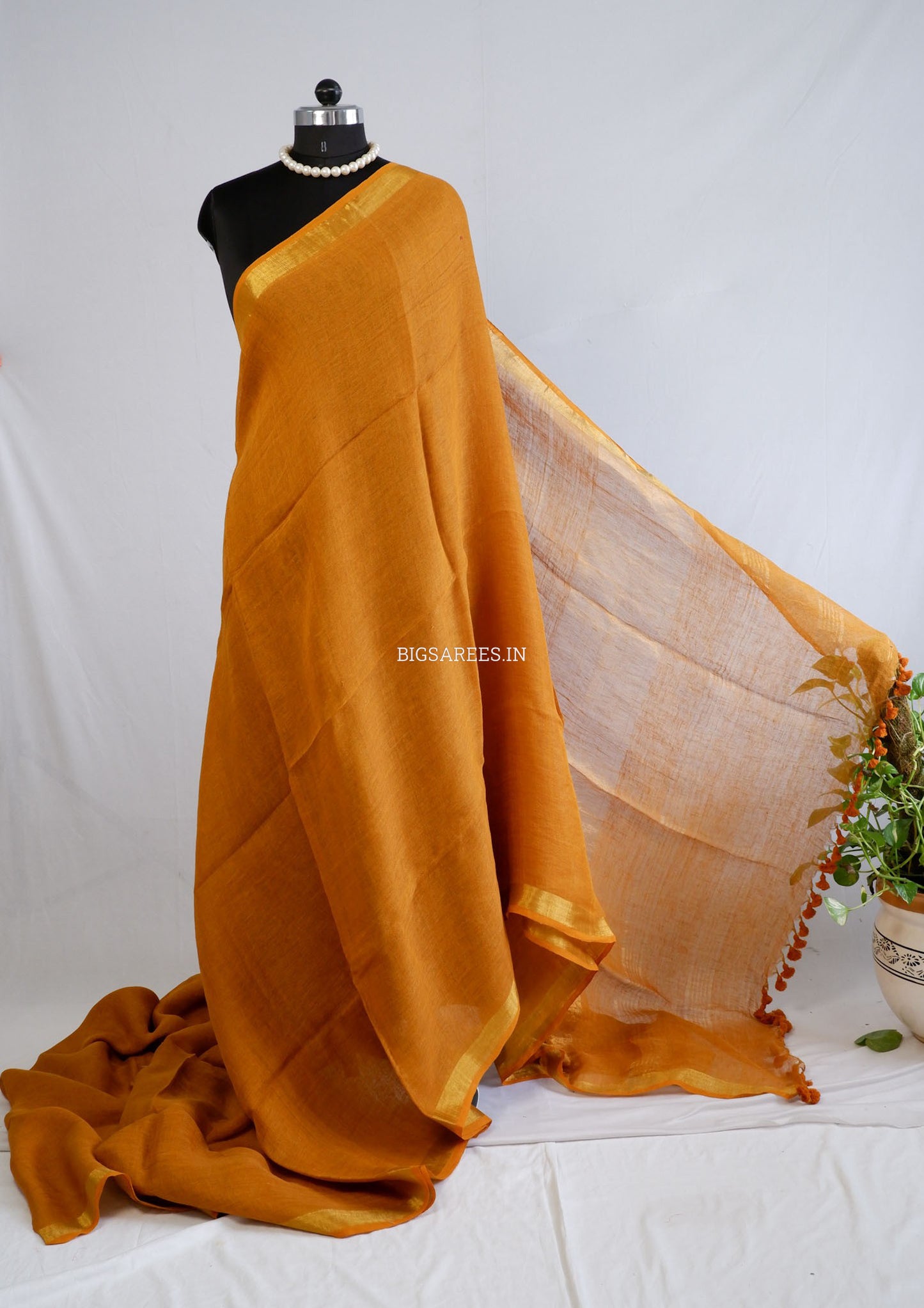 Pure Jayshree Linen Saree | Plain | Mustard