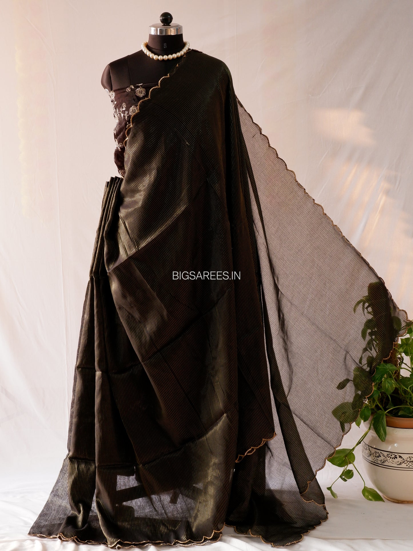Mul Cotton Saree | Gold Stripes | Black