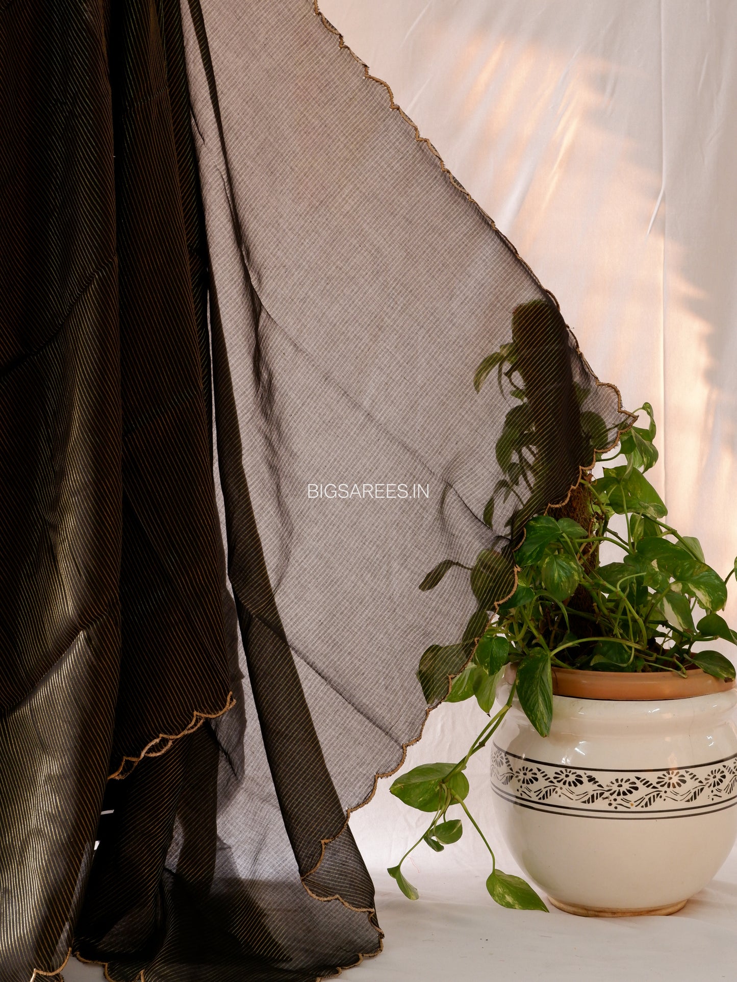 Mul Cotton Saree | Gold Stripes | Black
