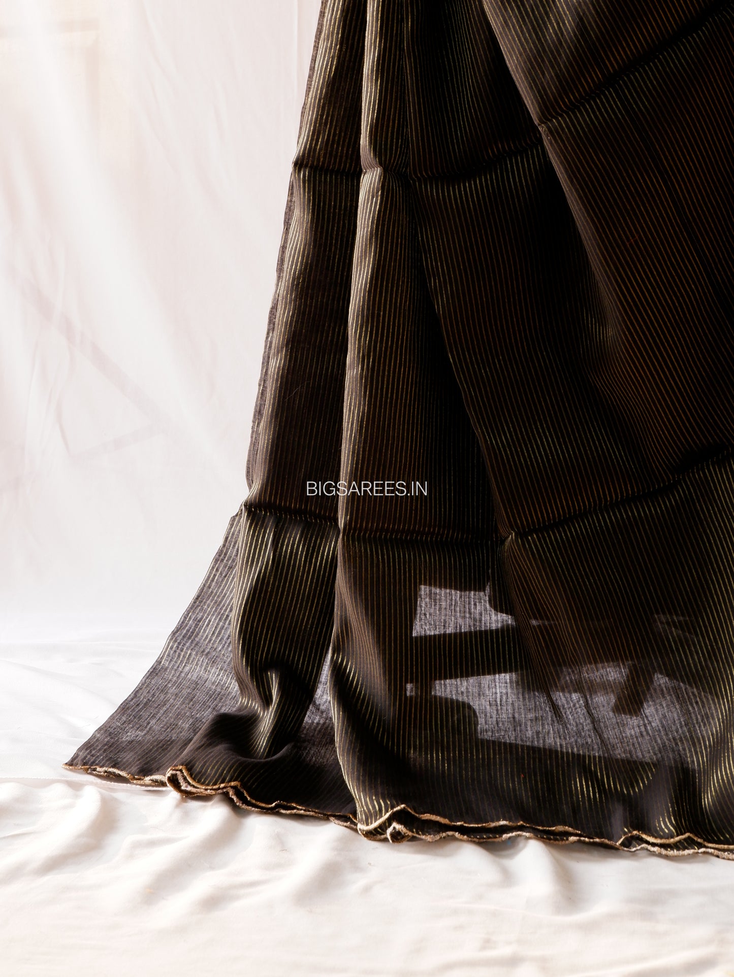 Mul Cotton Saree | Gold Stripes | Black