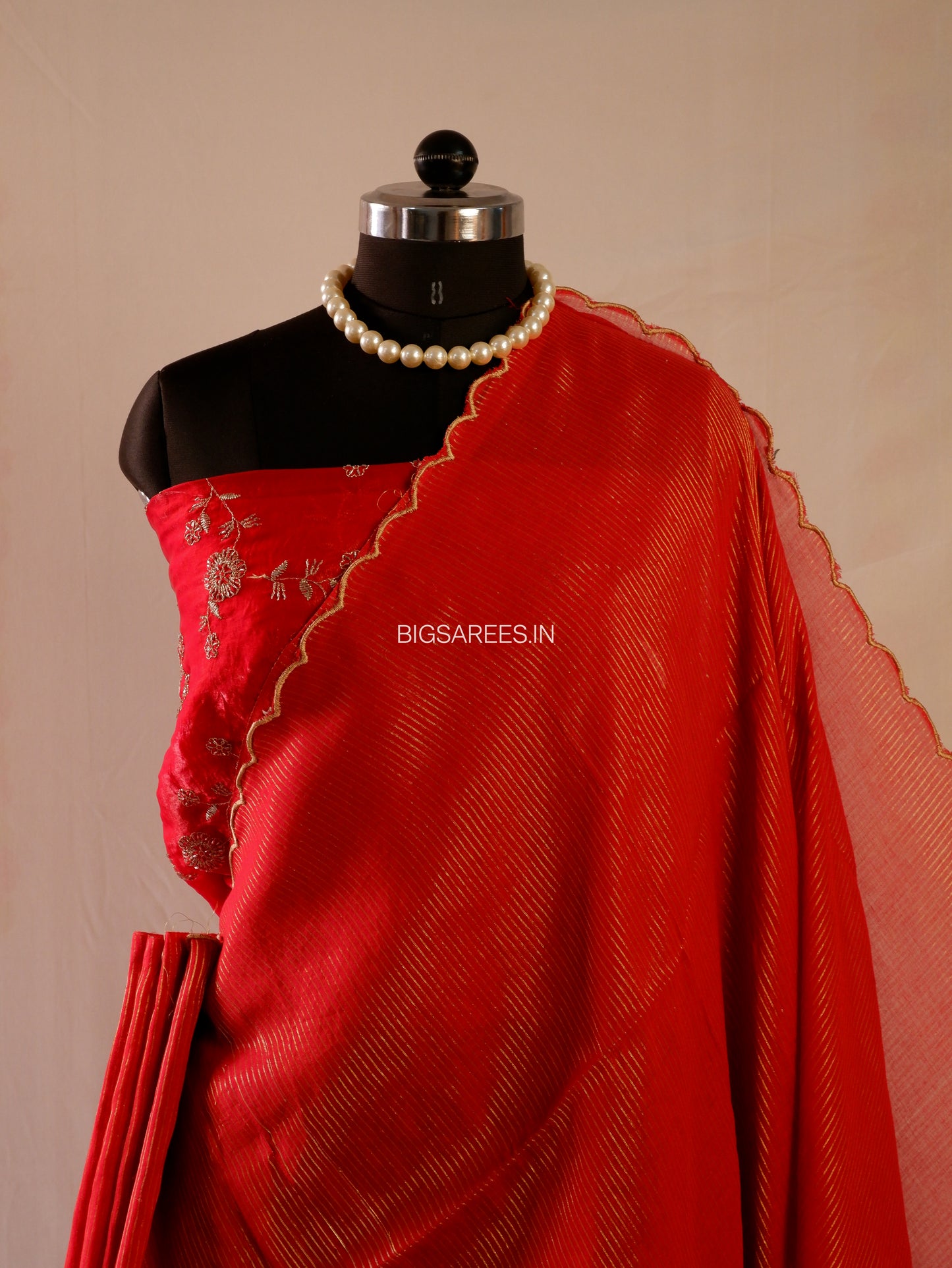 Mul Cotton Saree | Gold Stripes | Red