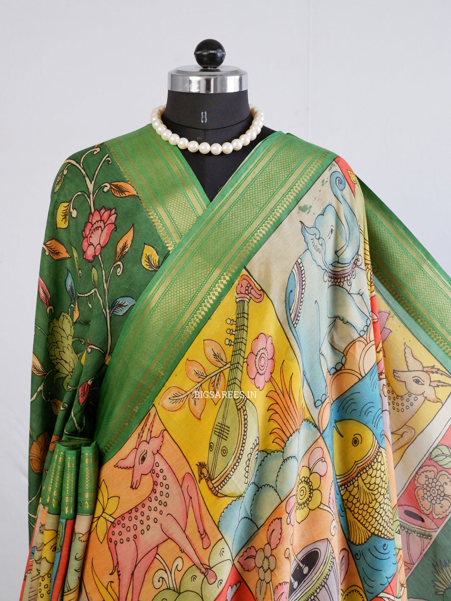Hand-Painted Kalamkari Saree | Bangalore Silk | Green/Yellow