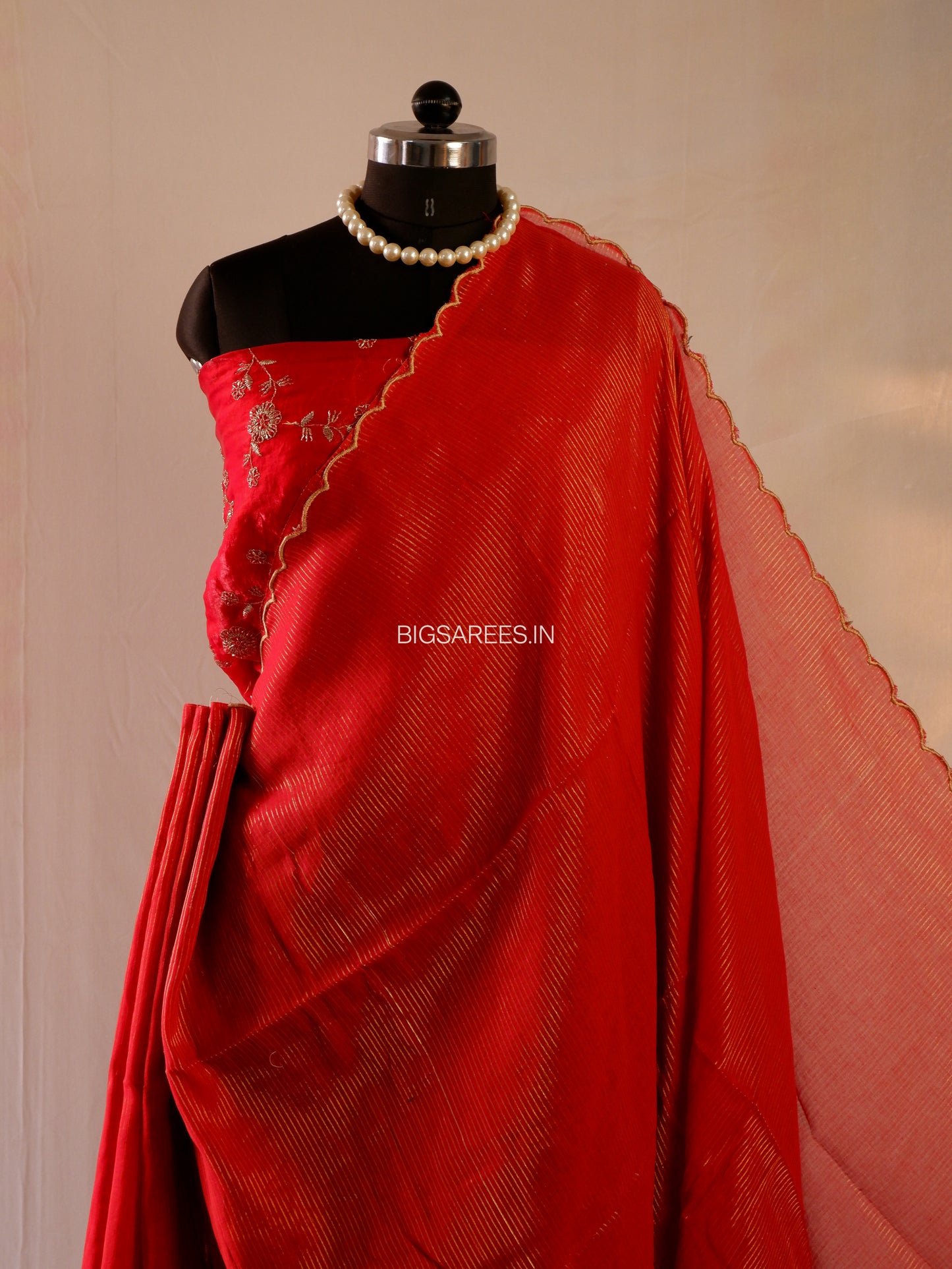 Mul Cotton Saree | Gold Stripes | Red