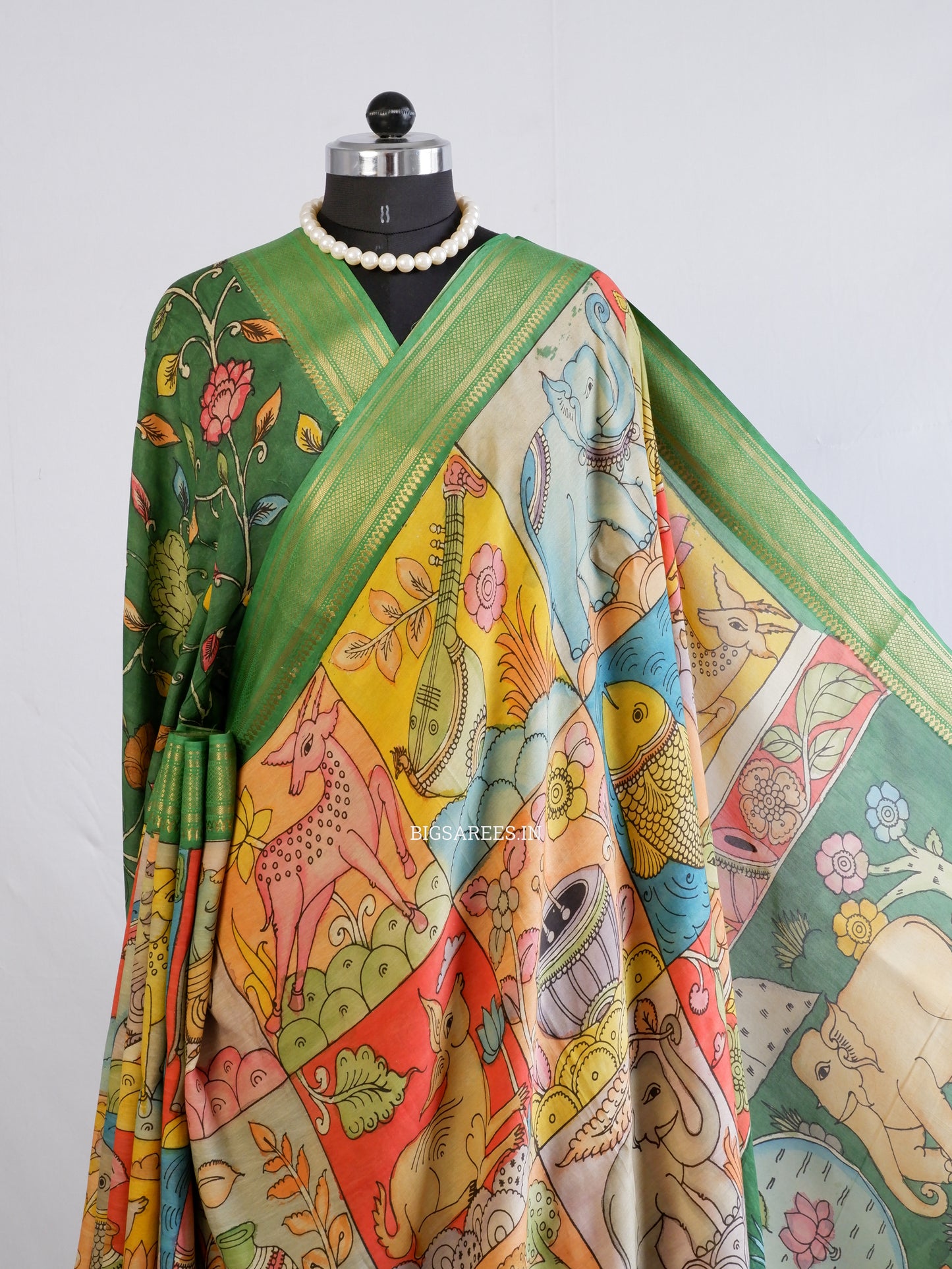 Hand-Painted Kalamkari Saree | Bangalore Silk | Green/Yellow
