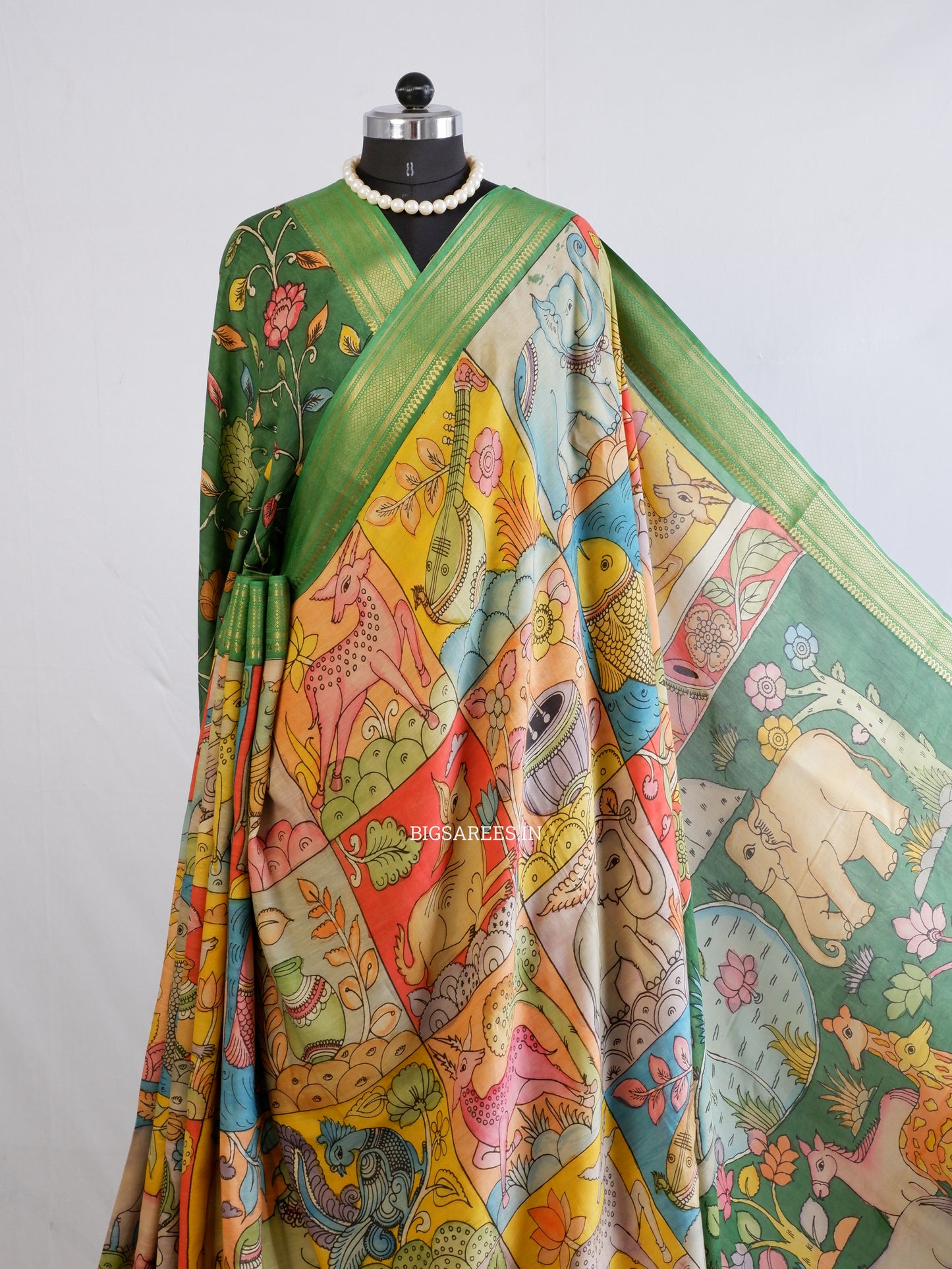 Hand-Painted Kalamkari Saree | Bangalore Silk | Green/Yellow