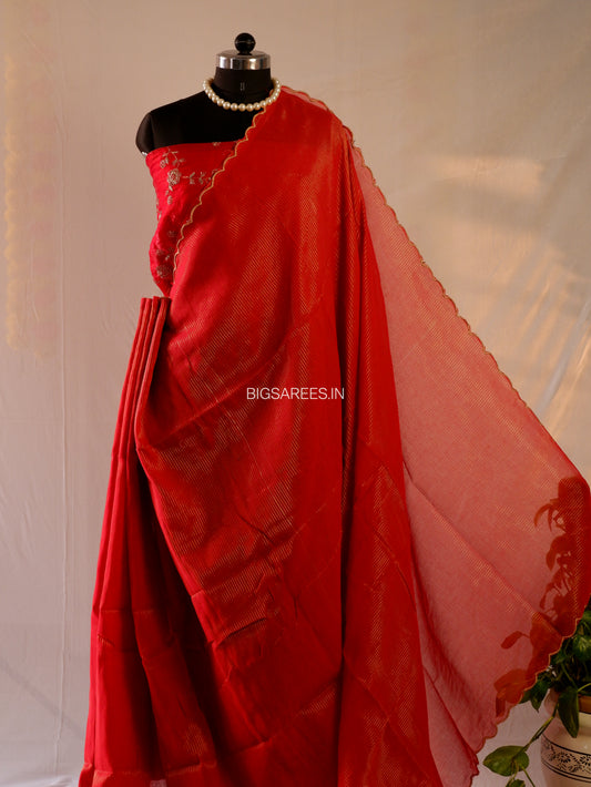 Mul Cotton Saree | Gold Stripes | Red