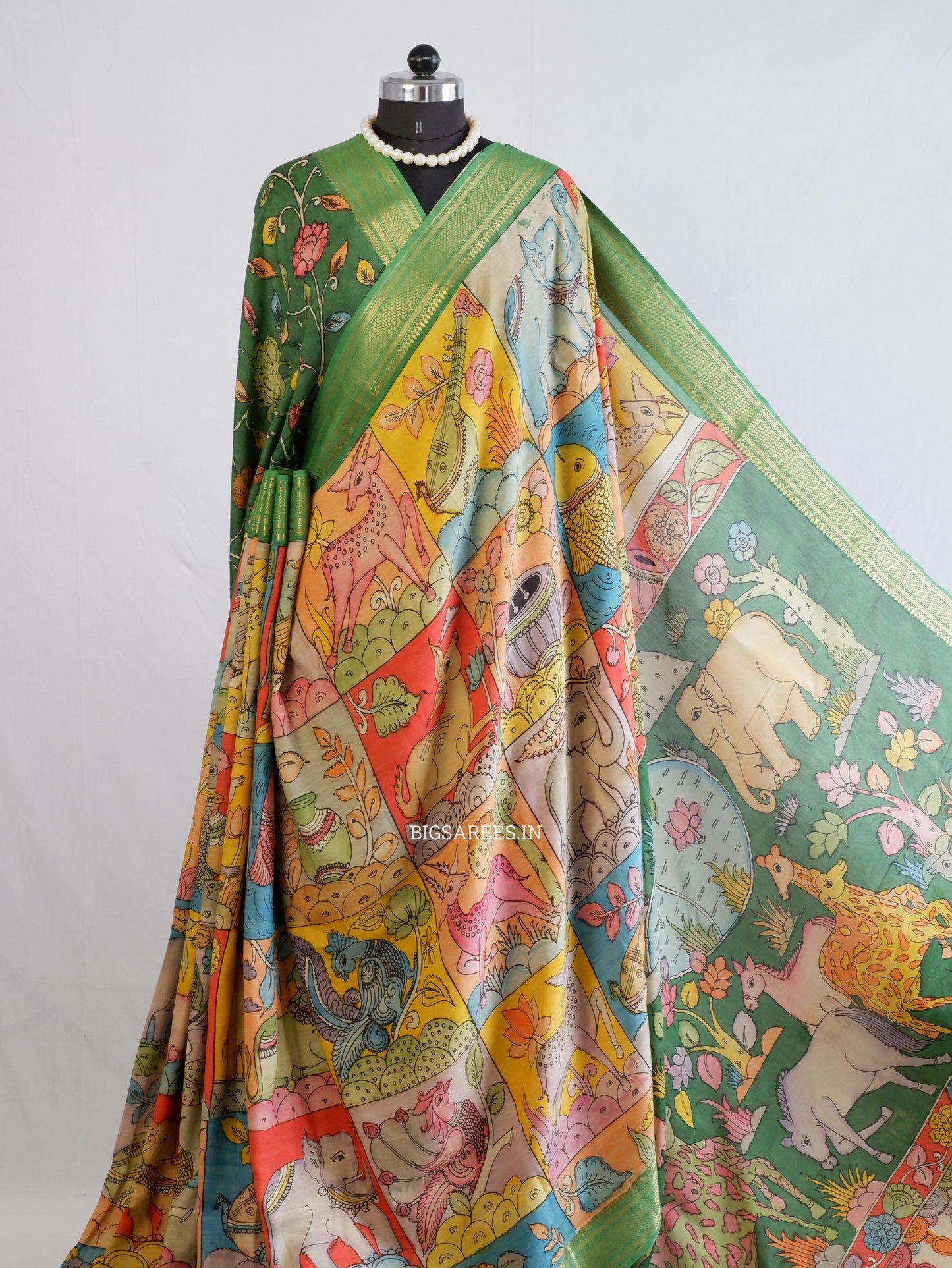 Hand-Painted Kalamkari Saree | Bangalore Silk | Green/Yellow