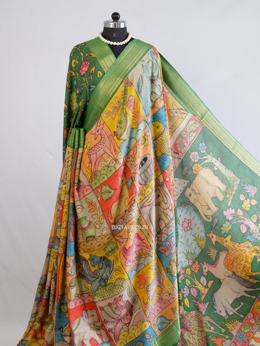 Hand-Painted Kalamkari Saree | Bangalore Silk | Green/Yellow