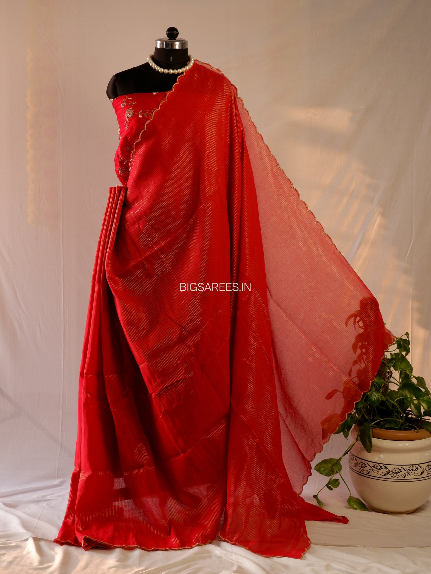 Mul Cotton Saree | Gold Stripes | Red