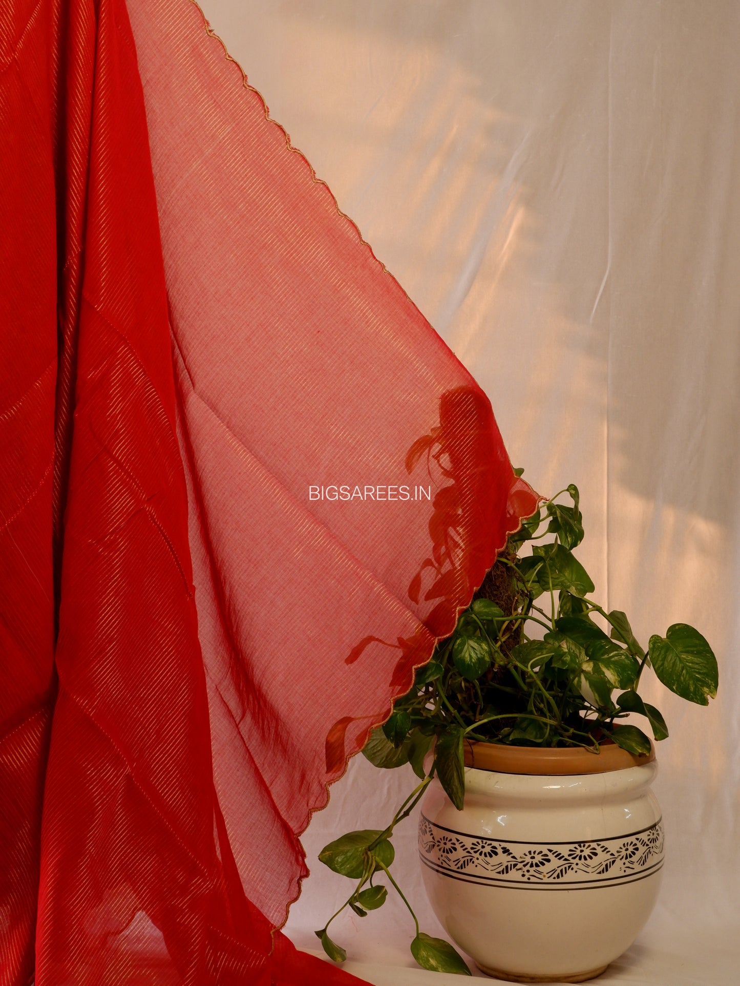 Mul Cotton Saree | Gold Stripes | Red