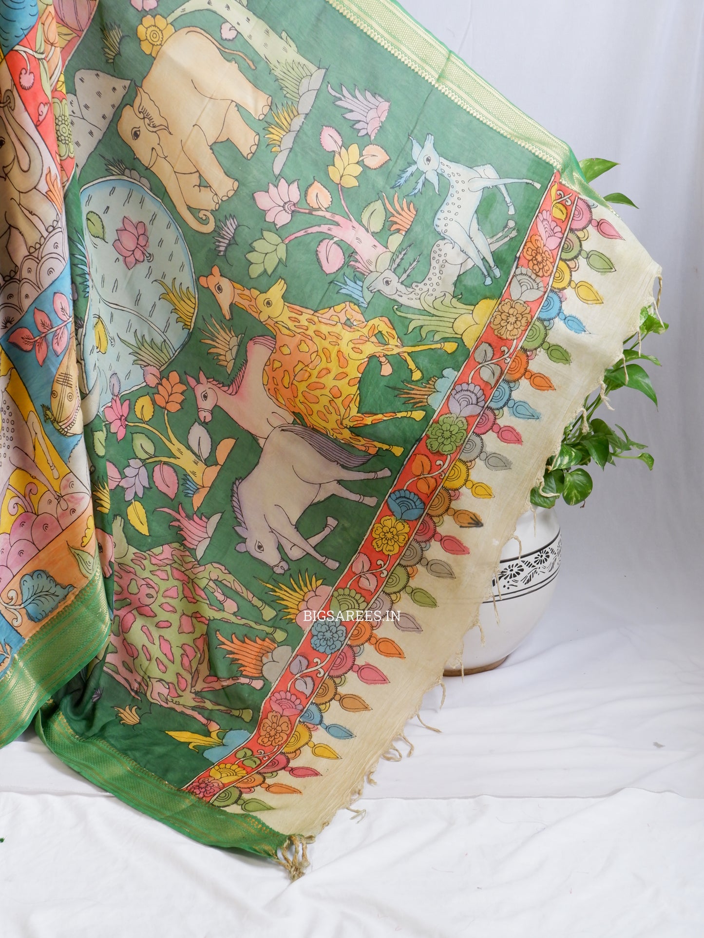 Hand-Painted Kalamkari Saree | Bangalore Silk | Green/Yellow