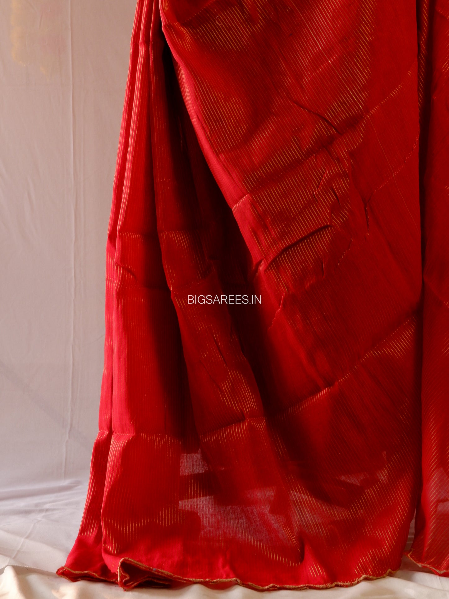 Mul Cotton Saree | Gold Stripes | Red