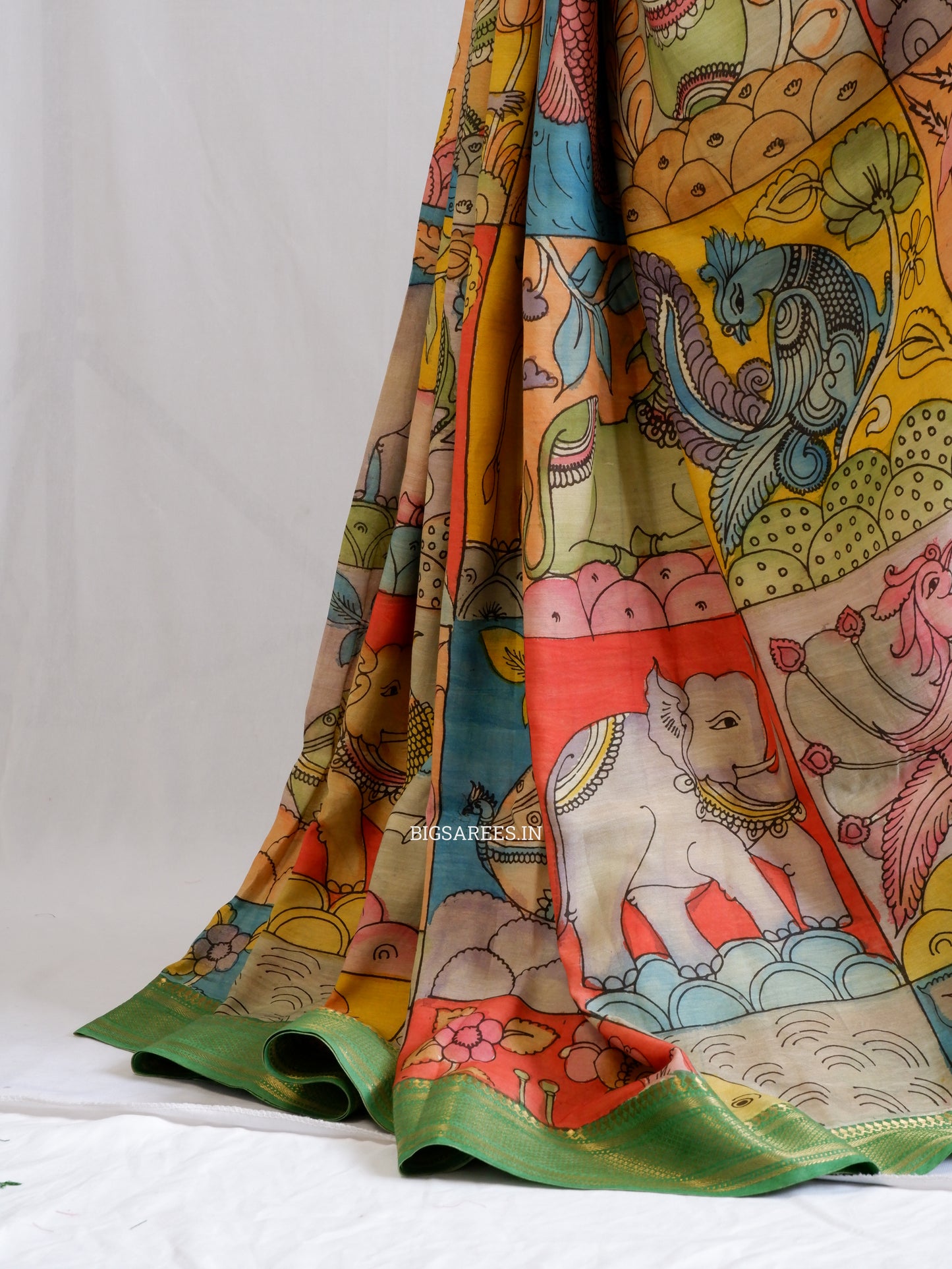 Hand-Painted Kalamkari Saree | Bangalore Silk | Green/Yellow