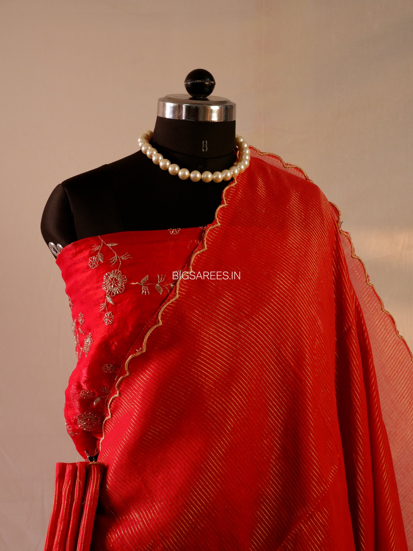 Mul Cotton Saree | Gold Stripes | Red