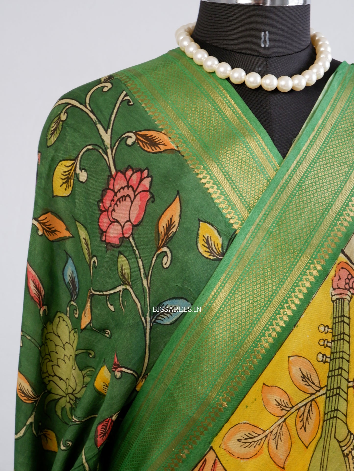 Hand-Painted Kalamkari Saree | Bangalore Silk | Green/Yellow