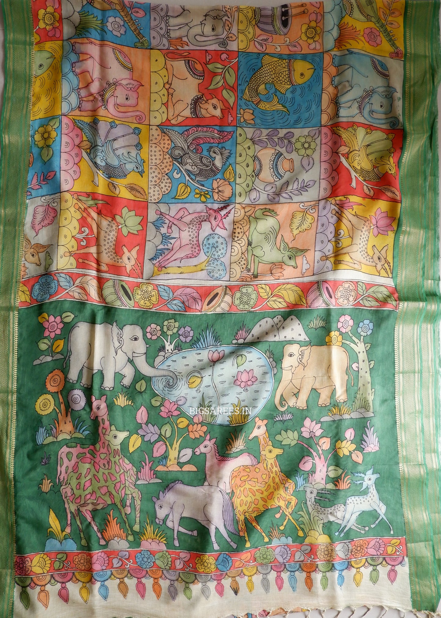 Hand-Painted Kalamkari Saree | Bangalore Silk | Green/Yellow