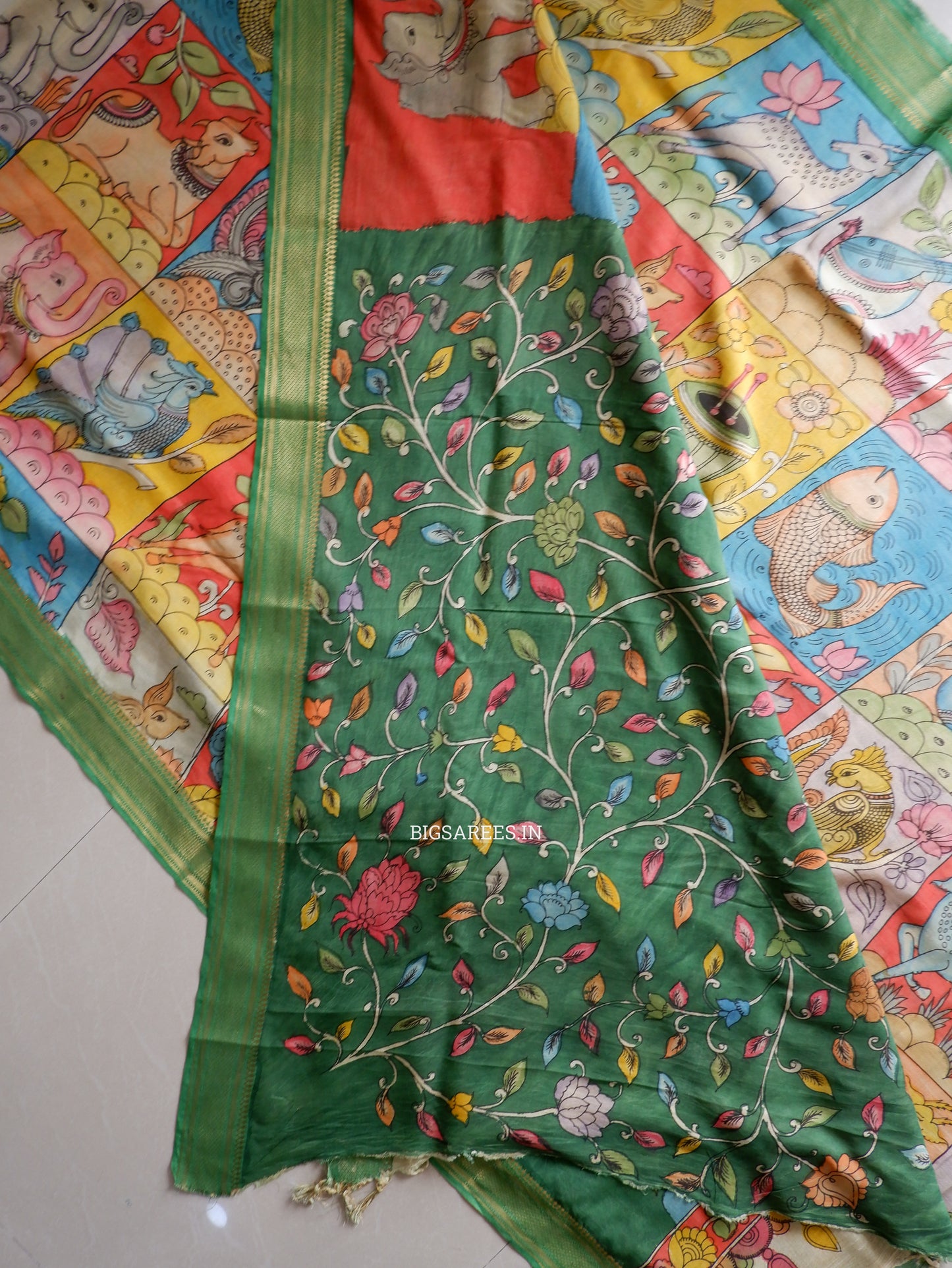 Hand-Painted Kalamkari Saree | Bangalore Silk | Green/Yellow