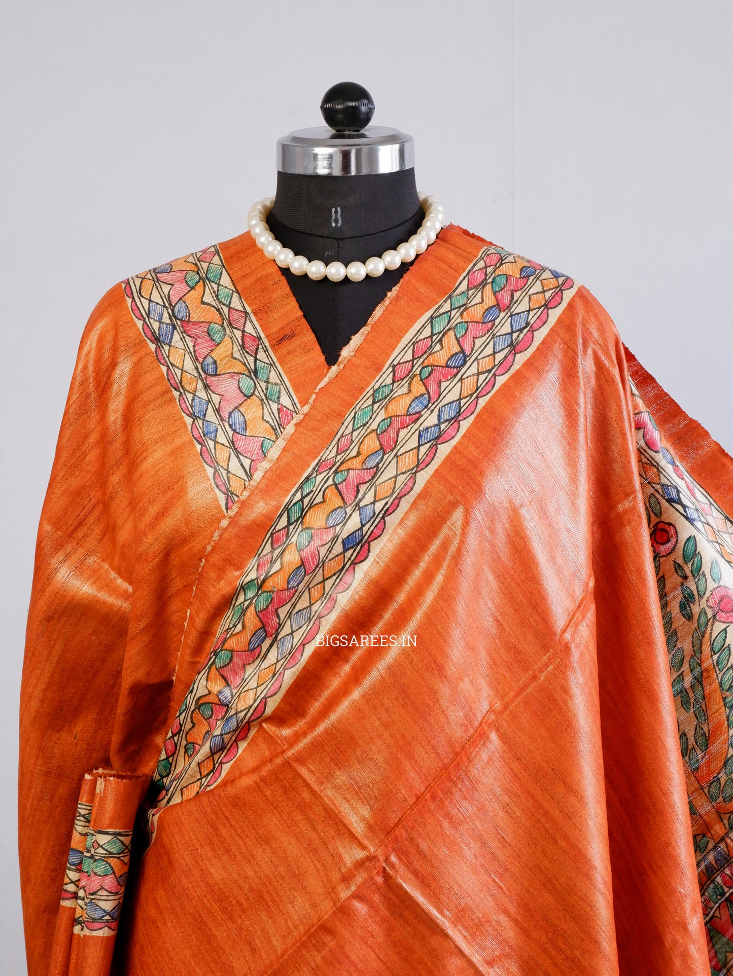 Handcrafted Madhubani Saree | Pure Tussar Ghicha Silk | Silk Mark Certified | Orange