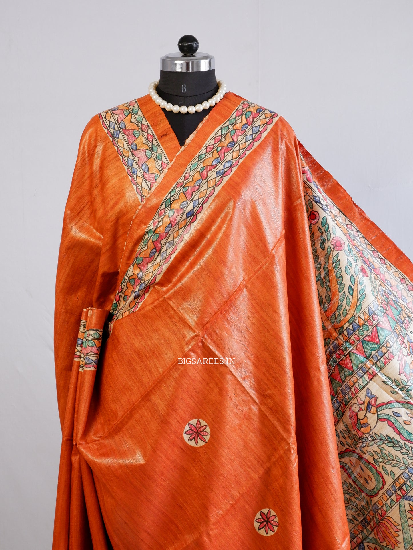 Handcrafted Madhubani Saree | Pure Tussar Ghicha Silk | Silk Mark Certified | Orange