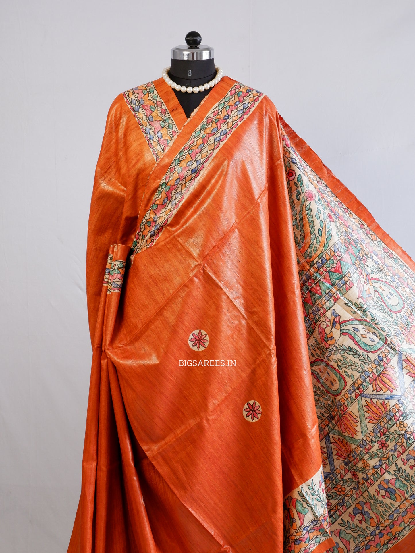 Handcrafted Madhubani Saree | Pure Tussar Ghicha Silk | Silk Mark Certified | Orange