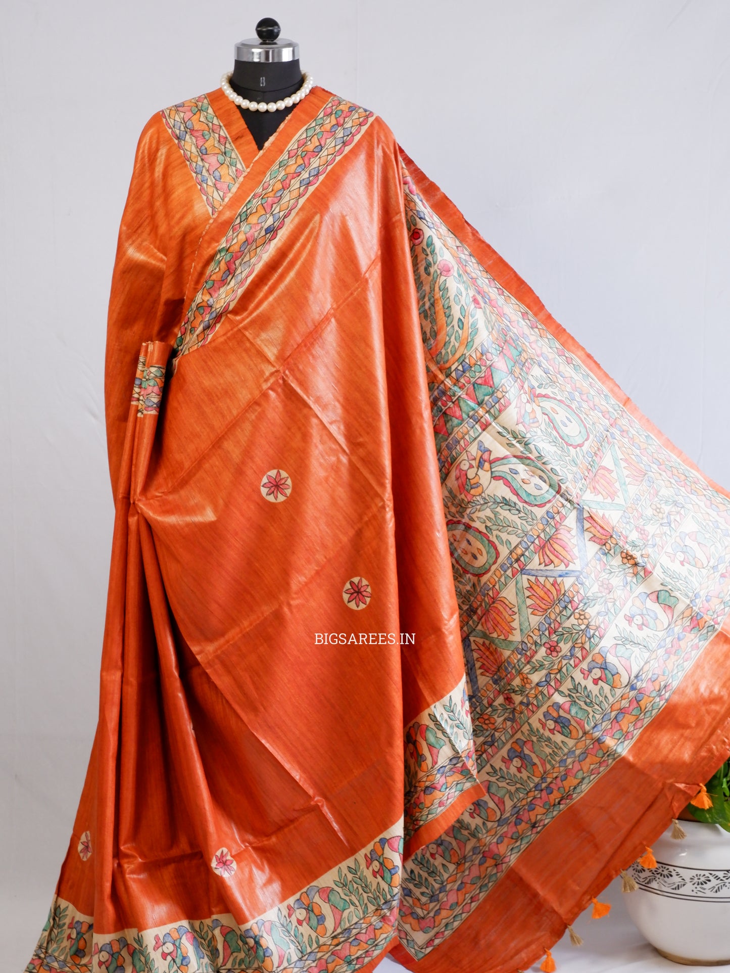 Handcrafted Madhubani Saree | Pure Tussar Ghicha Silk | Silk Mark Certified | Orange