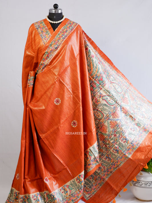 Handcrafted Madhubani Saree | Pure Tussar Ghicha Silk | Silk Mark Certified | Orange