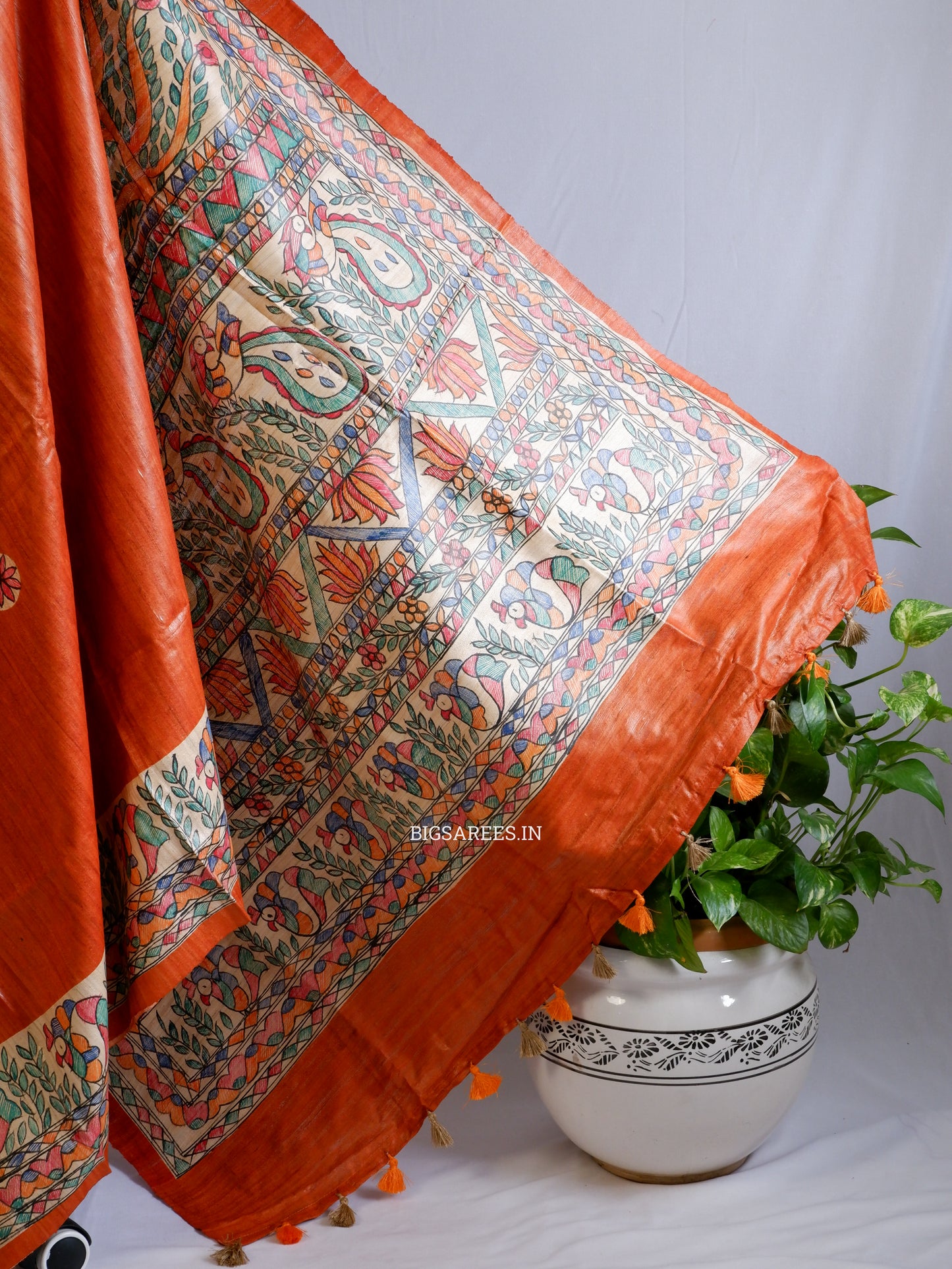 Handcrafted Madhubani Saree | Pure Tussar Ghicha Silk | Silk Mark Certified | Orange