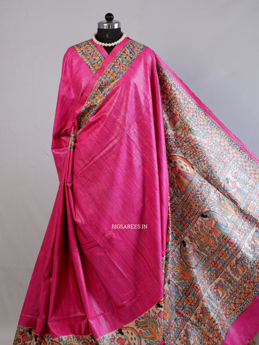 Handcrafted Madhubani Saree | Pure Tussar Ghicha Silk | Silk Mark Certified | Pink
