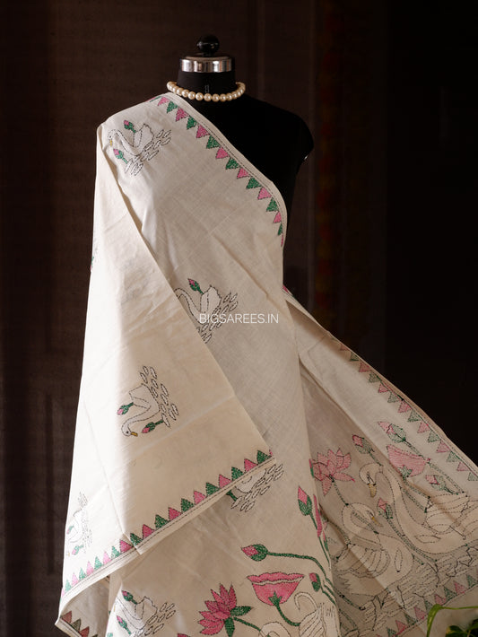 Hand-Embroidered Kantha Stitch Dupatta | Khadi Cotton | White | 36"|