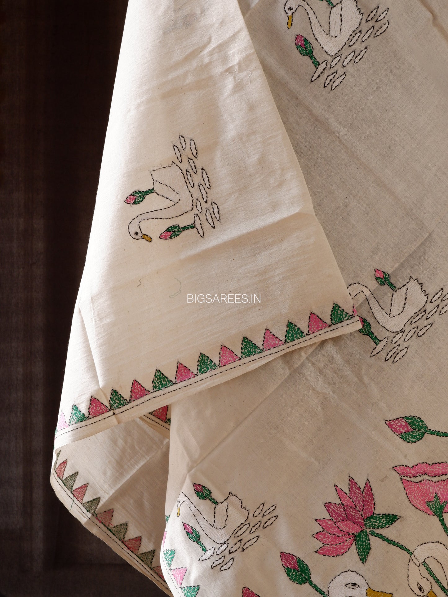 Hand-Embroidered Kantha Stitch Dupatta | Khadi Cotton | White | 36"|