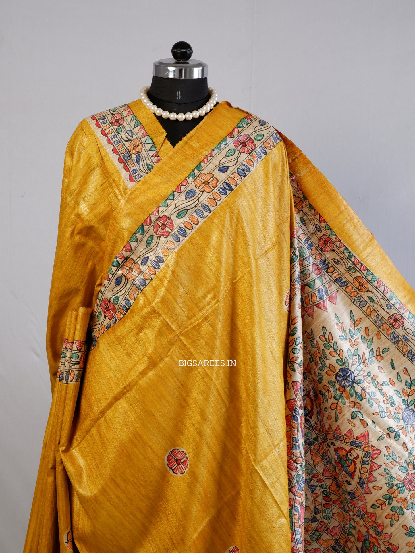 Handcrafted Madhubani Saree | Pure Tussar Ghicha Silk | Silk Mark Certified | Yellow