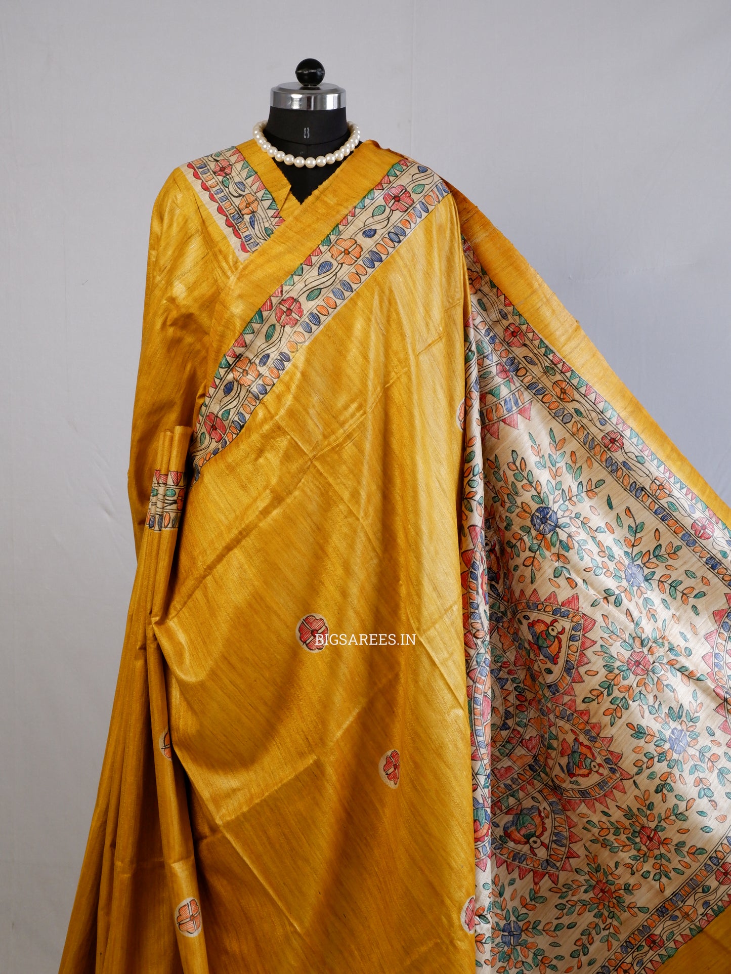 Handcrafted Madhubani Saree | Pure Tussar Ghicha Silk | Silk Mark Certified | Yellow