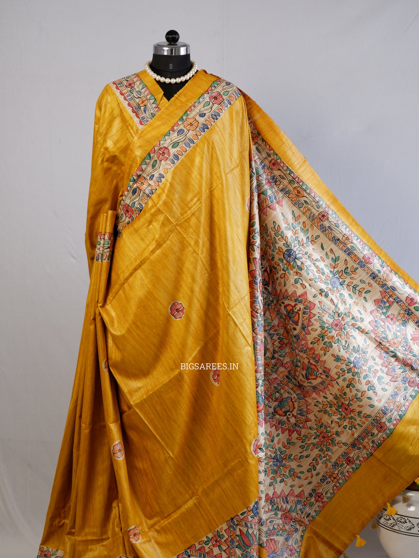 Handcrafted Madhubani Saree | Pure Tussar Ghicha Silk | Silk Mark Certified | Yellow