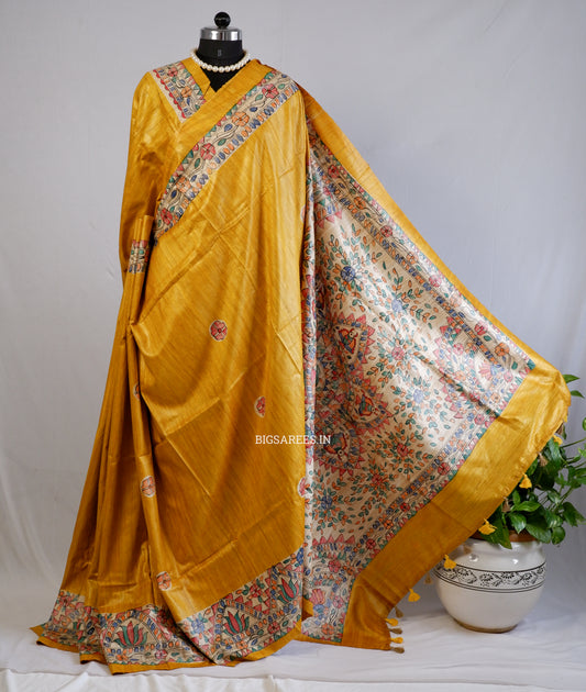 Handcrafted Madhubani Saree | Pure Tussar Ghicha Silk | Silk Mark Certified | Yellow