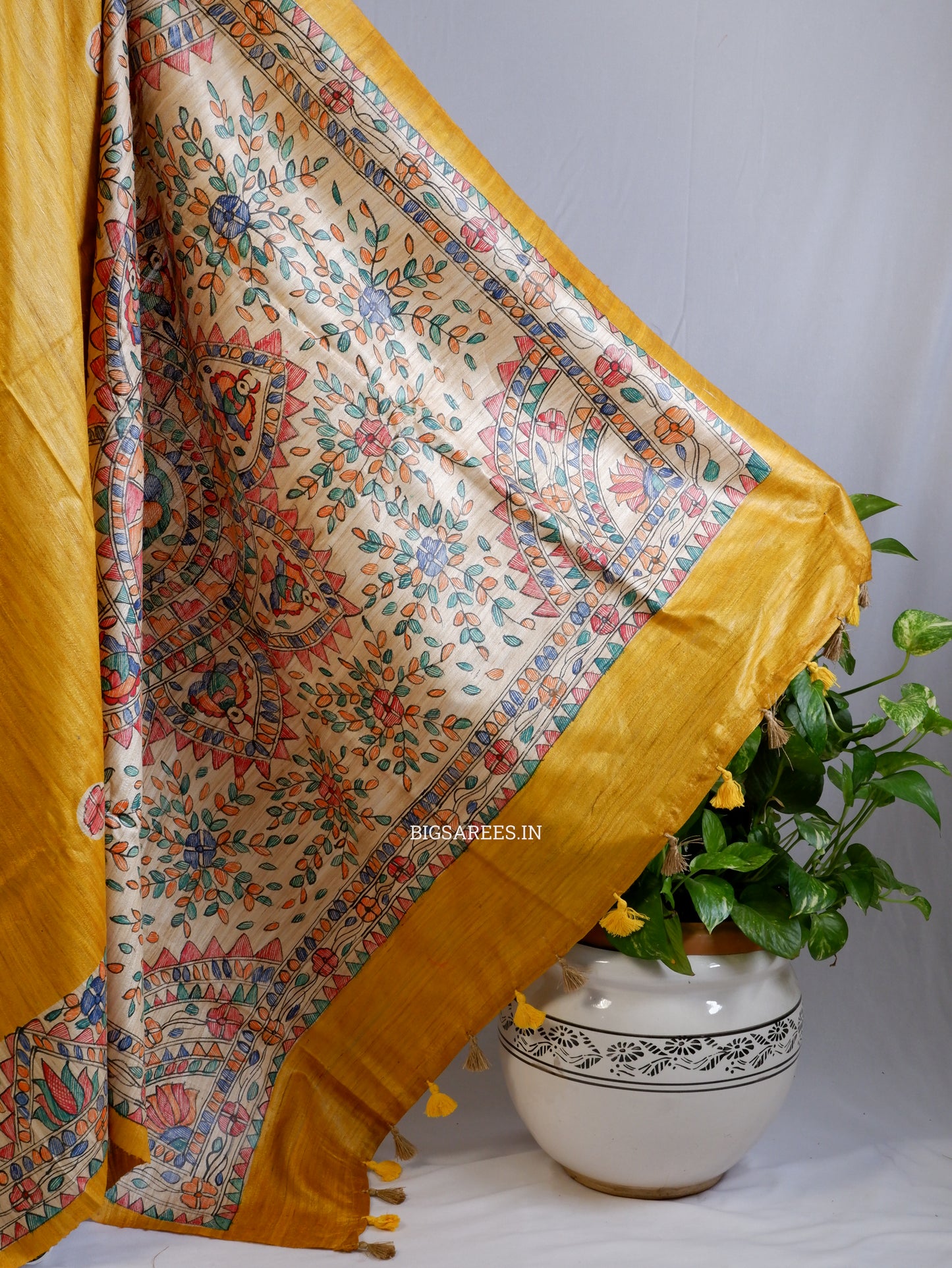 Handcrafted Madhubani Saree | Pure Tussar Ghicha Silk | Silk Mark Certified | Yellow