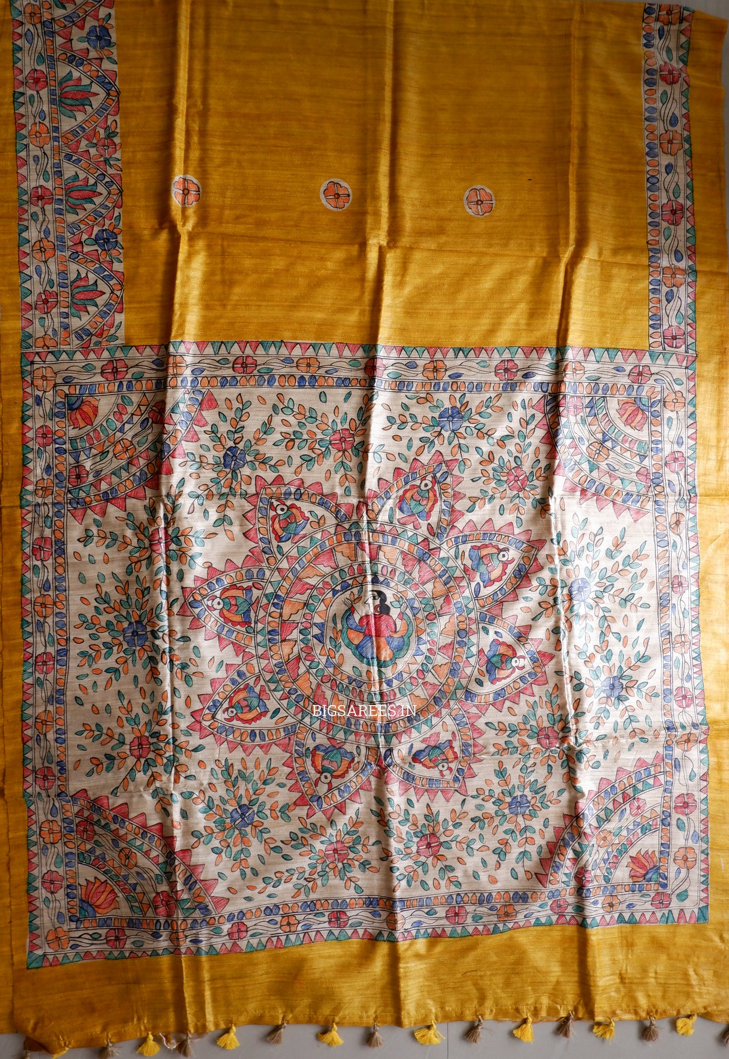 Handcrafted Madhubani Saree | Pure Tussar Ghicha Silk | Silk Mark Certified | Yellow