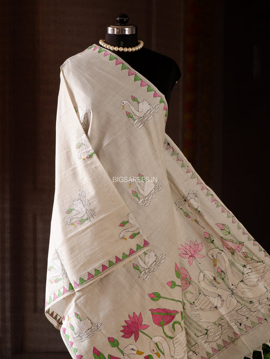 Hand-Embroidered Kantha Stitch Dupatta | Khadi Cotton | White | 36"|